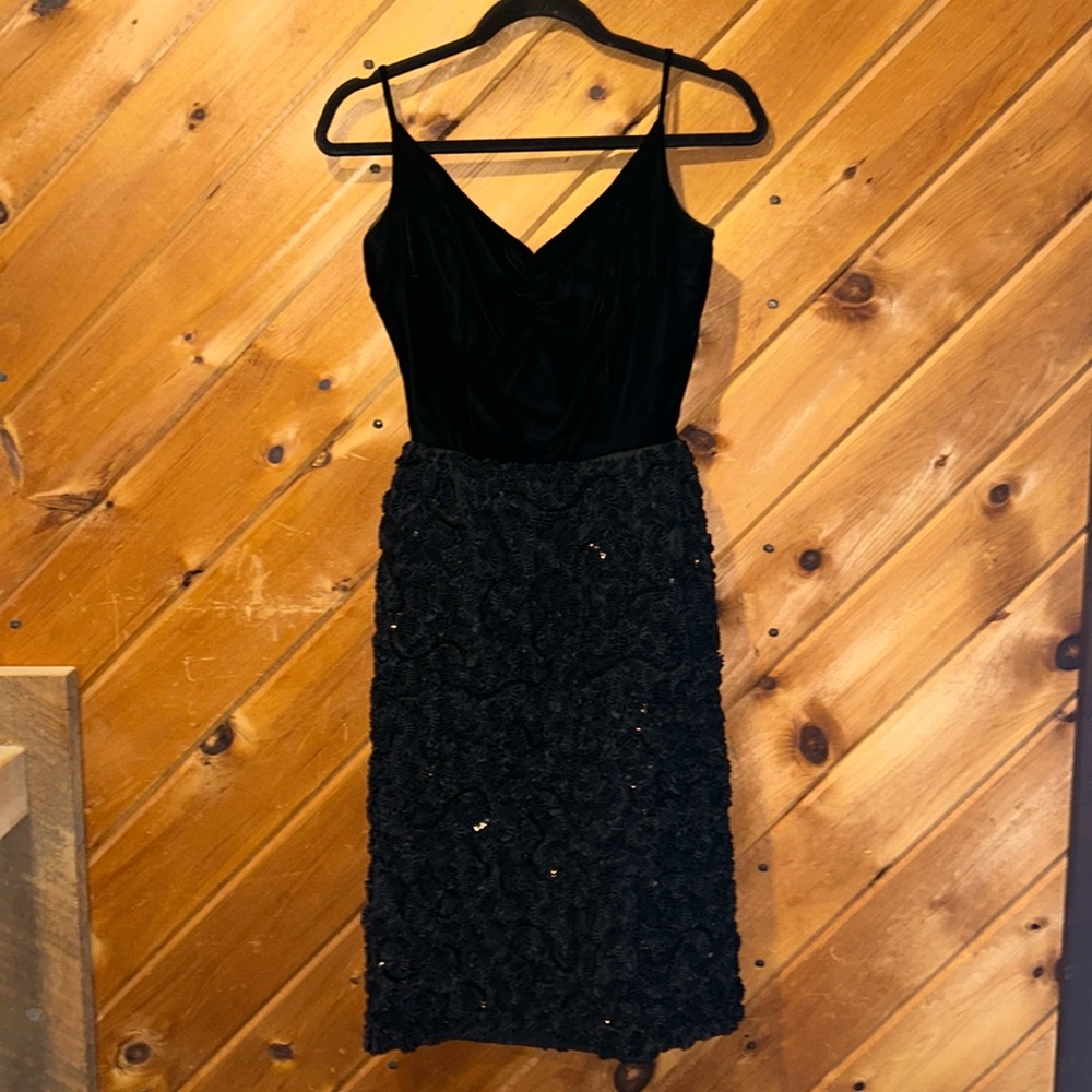 Saks fifth Avenue vintage black velvet sequin ribbon style midi cocktail dress